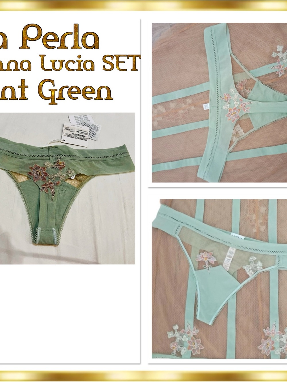 La Perla Donna Lucia Set in Mint Green Sheer Appliqué Embroidery $1,200 Vintage - Picture 4 of 7